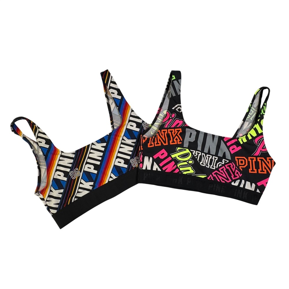 PINK Victoria's Secret Ultimate‎ Sports Bra Lot of 2 Neon Rainbow Logo Large